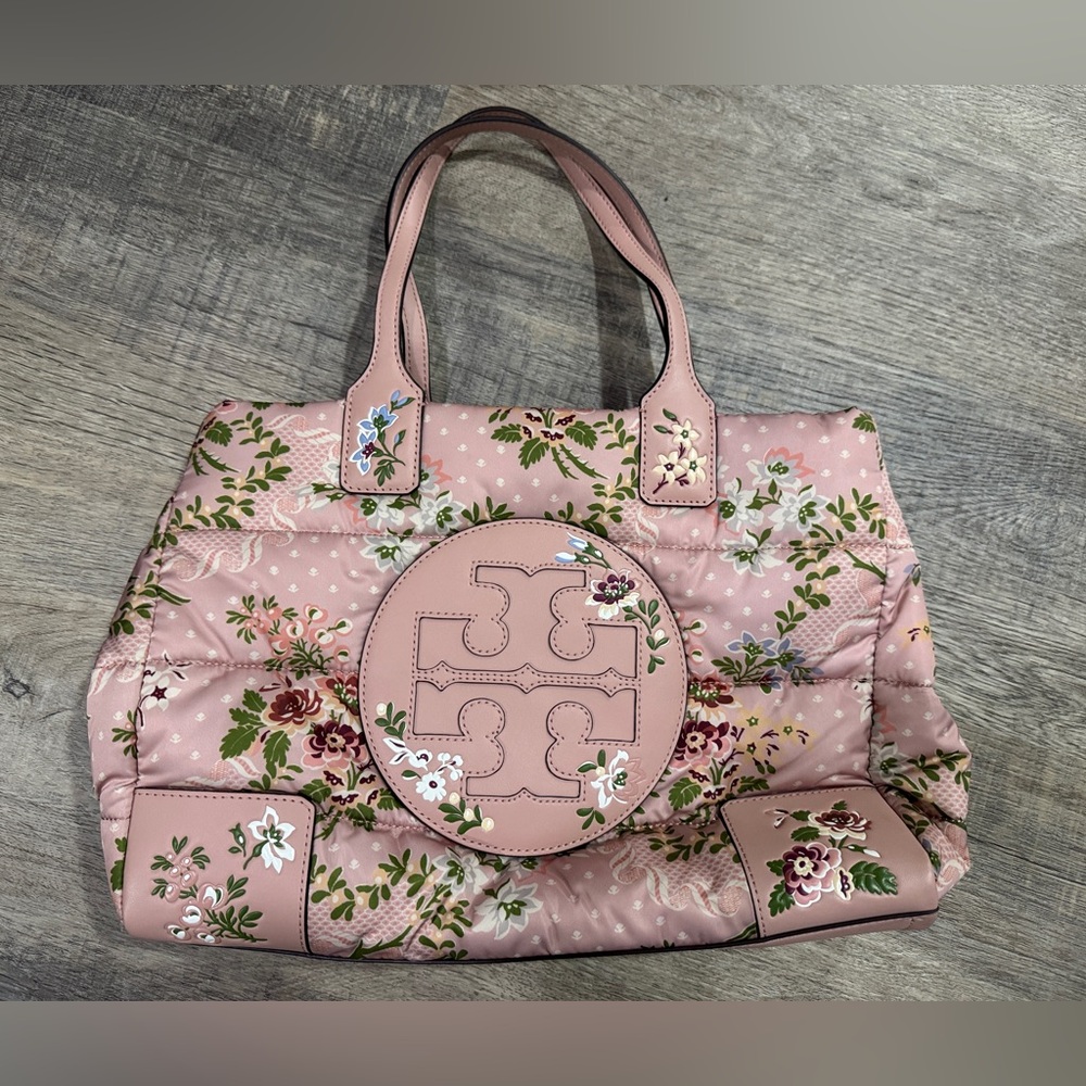 Tory Burch Ella Brocade Mini Puffer Tote in Sugar Berry Nylon